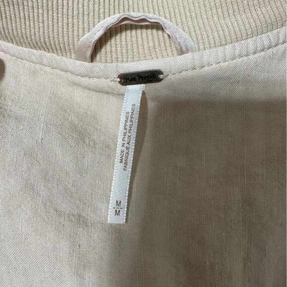 🌸 Free People Ruched Bomber Jacket Sz M • Pink Beige Linen Blend ✨ - Picture 4 of 5